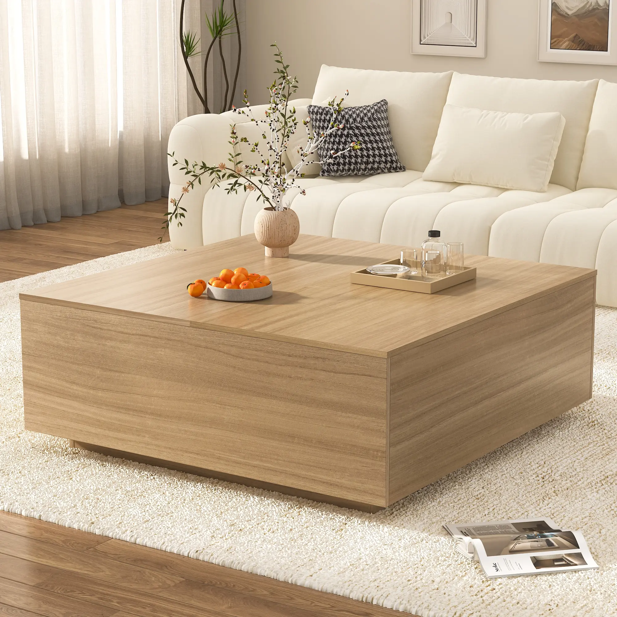 Rustic Modern Wood Coffee Table - 43"/47" Square Indoor Furniture, 2 Drawers, Storage, Living Room Entertaining Centerpiece, Living Room Decor