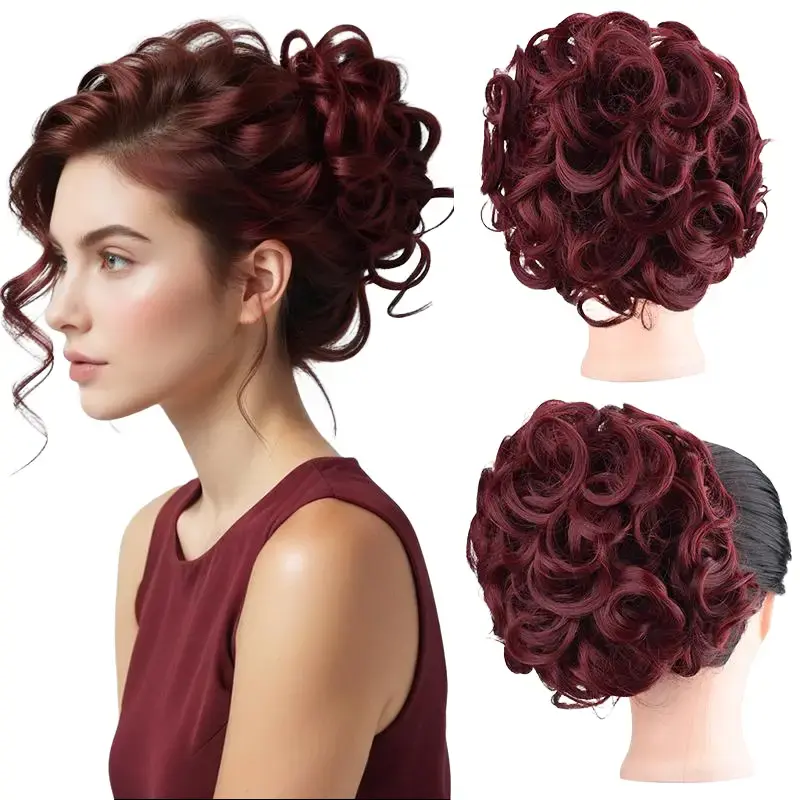 Women's Cruelty-Free Korean Curly Synthetic Clip Hair Extensions - Adjustable Clip-in Ponytail, Easy-Stretch Short Messy Bun Scrunchie, Classic Ponytail Hairstyles for Fashion Party, Affordable Fashion Accessory (Dark Wine Red-99J#)