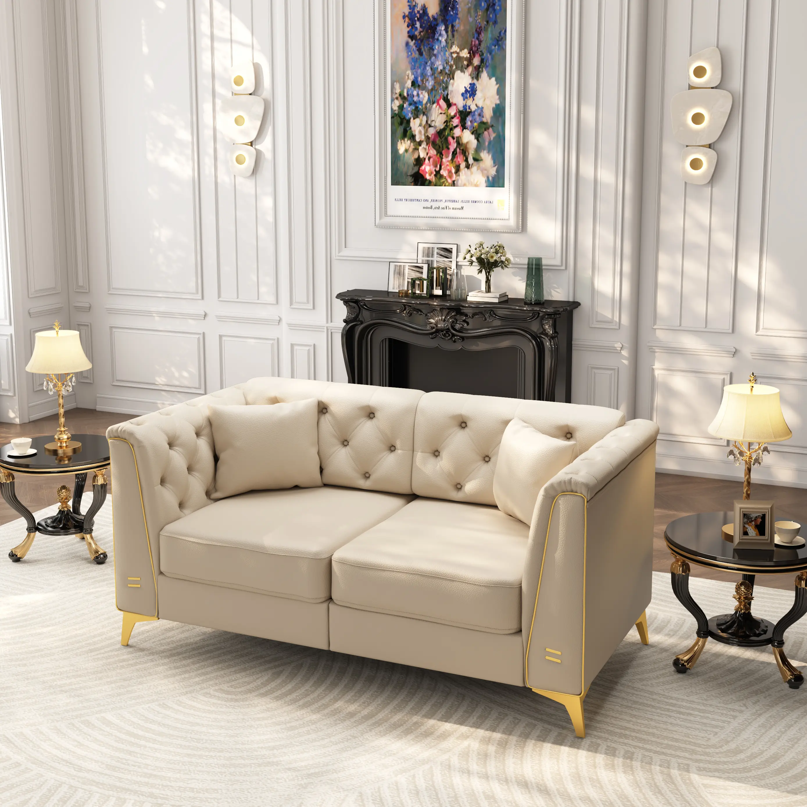 Light Luxury Modular Chesterfield Sofa Set - 40.1in 1-Seater, 61.8in 2-Seater Faux Leather Couch with Handmade Button Tufting, Metal Trim Armrests, Thin Metal Legs, Matching Ottoman Available for Living Room, Apartment (Beige/Green)