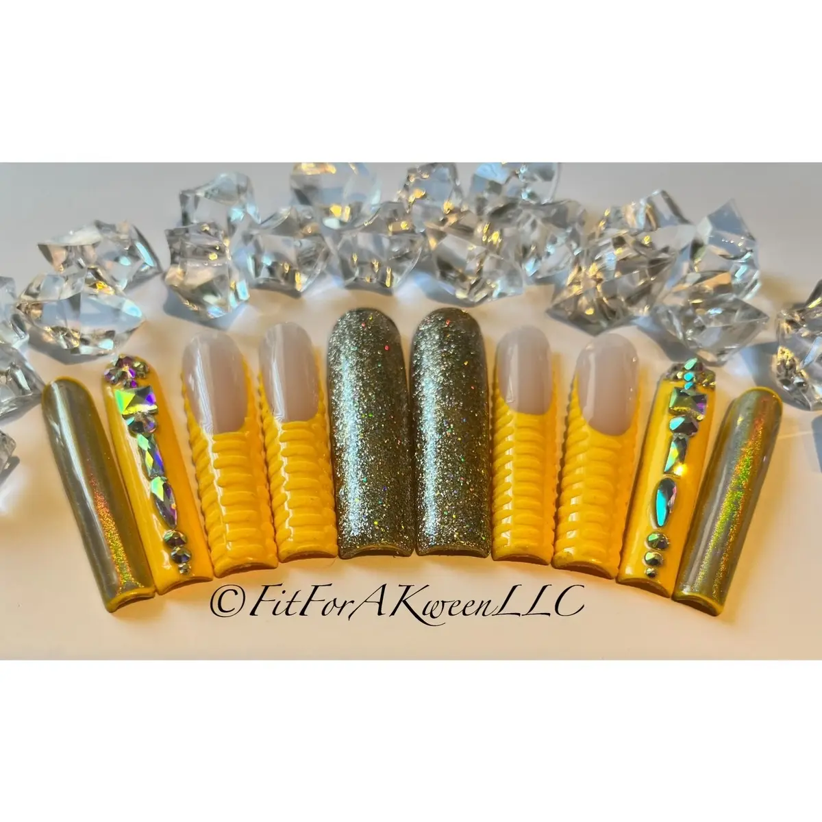 Yellow Glitz & Glam Press on Nail Art set. Quality customized press on nails, High Gloss, Gel Polish, Long-lasting and easy to apply. Includes: 10 nails, application kit & instruction guide.
