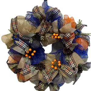 Pancake Style Round 24" Fall Wreath with Harvest Hues of Brown Orange Blue Adorned with Plaid ribbon Pine Cones for Interior or Exterior Decor Door