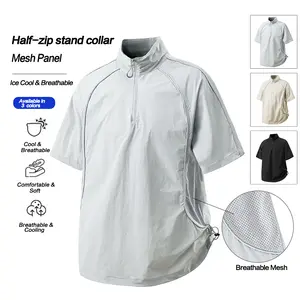 Men’s summer short-sleeve T-shirt, half-zip stand collar golf sports top, mesh panel, breathable deconstructed design