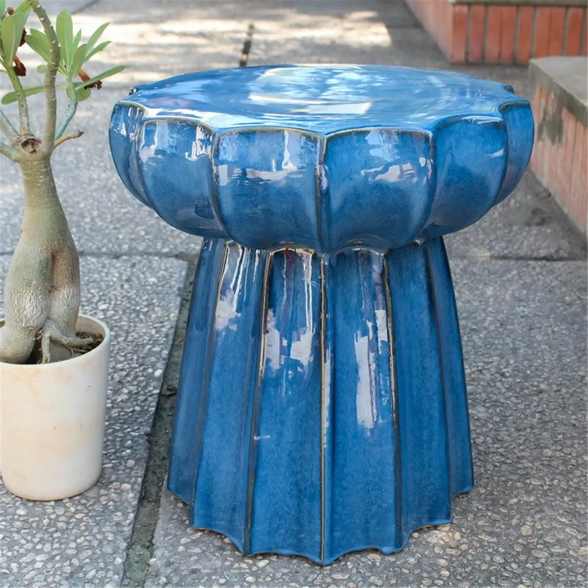 International Caravan  Round Scalloped Ceramic Garden Stool, Navy Blue Glaze