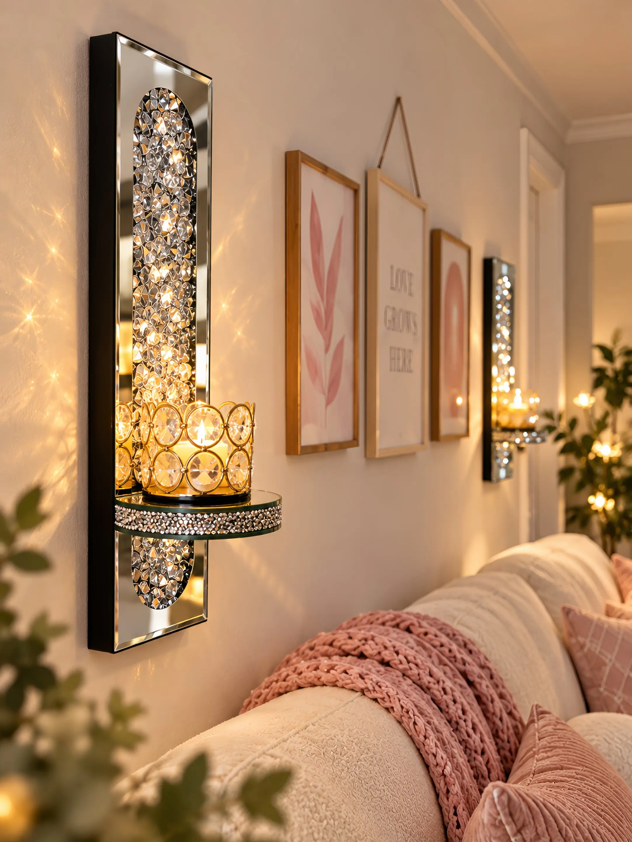Crystal Mirror Bow Wall Mount Candelabra Wall Sconces - 2-Piece Glass Candle Holders, Christmas Aesthetic House Decor, Versatile for Anniversary & Business Occasions, No Electricity or Lights Included