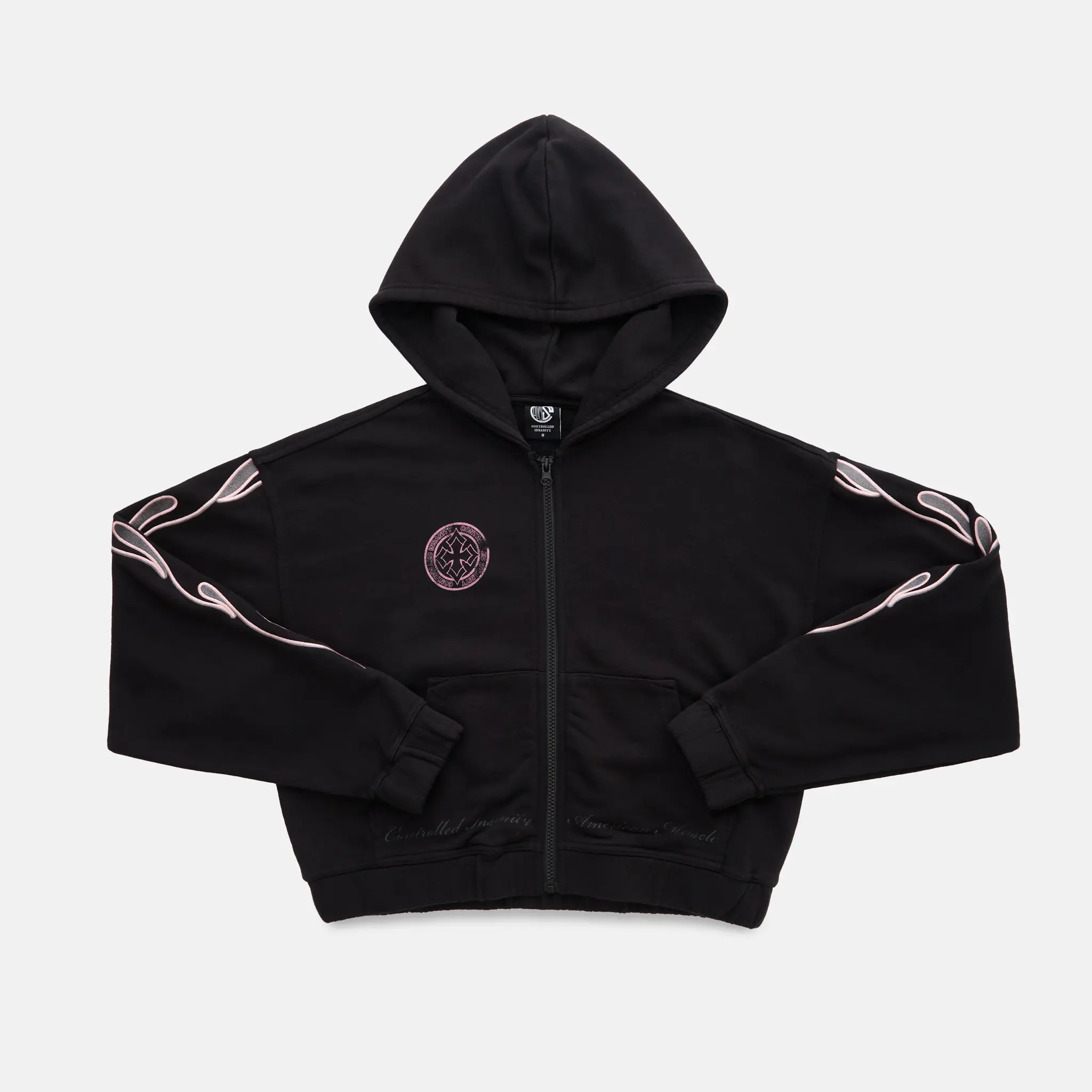 Flame Cropped Hoodie Pink | Controlled Insanity | Embroidered Heavyweight Zip-Up | Cropped Gym Streetwear