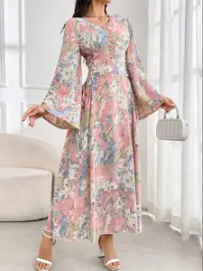 Women's All Over Floral  Print Dress, Modest Style Dress, Elegant Long Sleeve V Neck Dress for Spring & Fall, Women's Islamic Clothing for Daily Wear