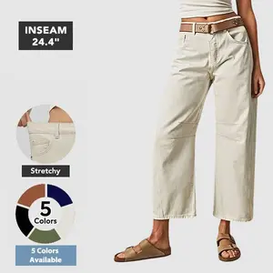 Flamingals Solid Stitch Detail Mid Waist Crop Baby Barrel Pants Without Belt Casual Summer Vibes