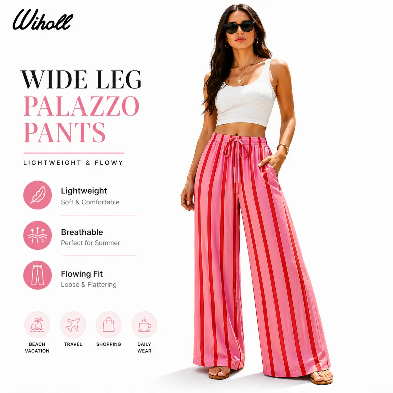Wiholl Wide Leg Pants for Women Flowy Palazzo Drawstring Elastic Waist Trousers with Pockets Summer Beach Vacation Clothes