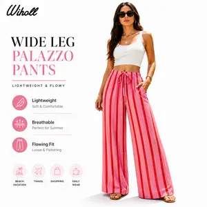 Wiholl Wide Leg Pants for Women Flowy Palazzo Drawstring Elastic Waist Trousers with Pockets Summer Beach Vacation Clothes