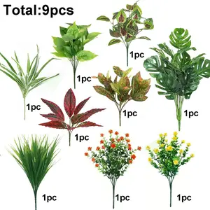 9Pcs Artificial Plants Outdoor UV Resistant Fake Greenery Shrubs Monstera Leaf Faux Plants for Garden Patio Porch Window Box Home Office Decoration Realistic Looking No Maintenance Indoor Outdoor Decor Artificial Flower Plant
