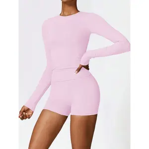 Women's Two-Piece Suit, Long-Sleeved Breathable Round Neck Sportswear, High-Waisted Sports Shorts, Comfortable Sportswear