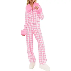 Women's Houndstooth 2-Piece Ski Outfit with Zipper Cardigan & Wide Leg Pants for Winter Travel Cozy Loungewear - Womenswear