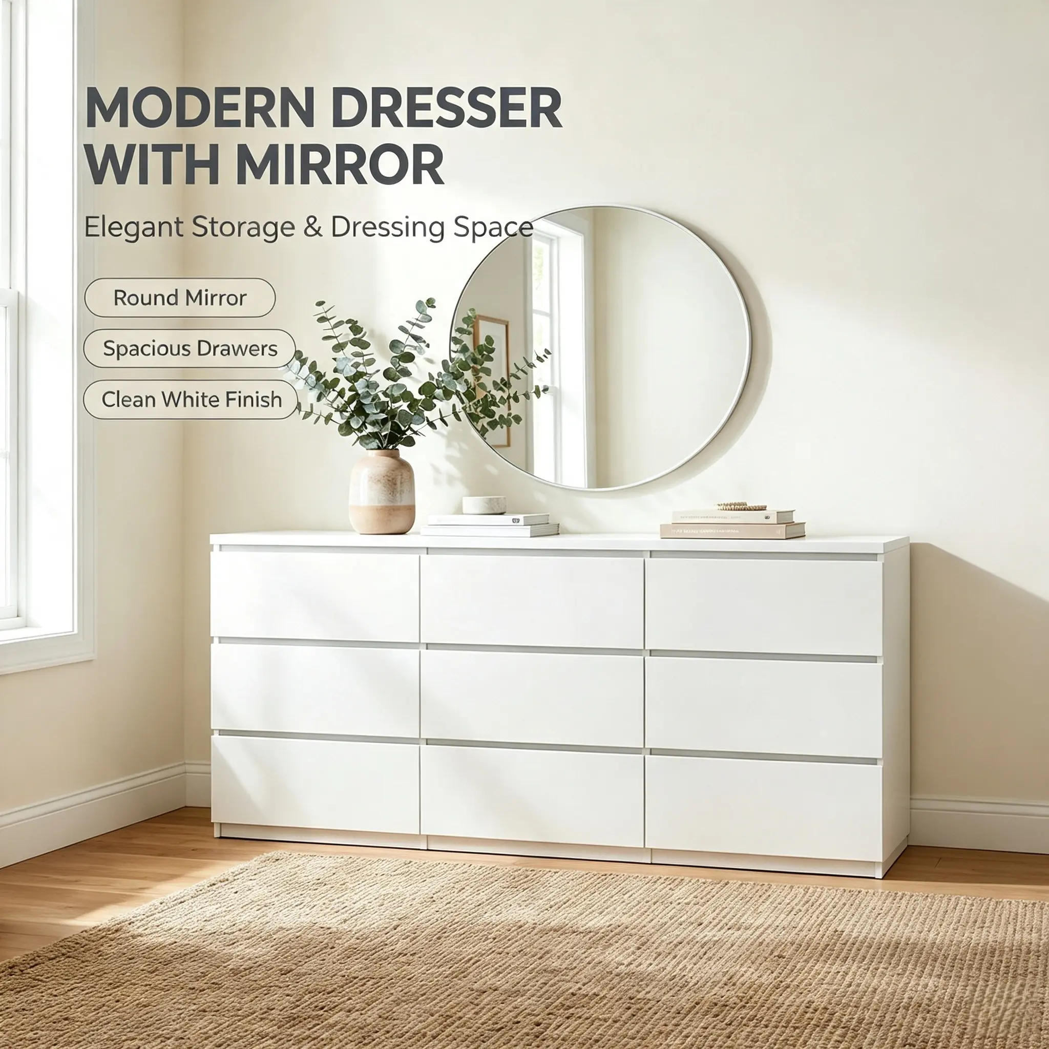9-Drawer Dresser with Modern No-Handle Design, Spacious Storage Chest for Bedroom, Living Room, Hallway, Sturdy Particle Board Construction, Easy Assembly, Space-Saving Organizer Unit, 176.3L x 47.1W x 18.8H cm