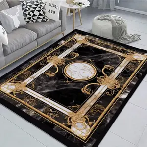Luxury Black Marble & Gold Ornate Flannel Area Rug - Baroque Style Medallion Print Soft Mat for Living Room & Bedroom, Non-Slip Elegant Home Decor #LuxuryMarbleRug #GoldOrnateMat #BaroqueStyleDecor #ElegantHomeDecor #NonSlipFlannelRug