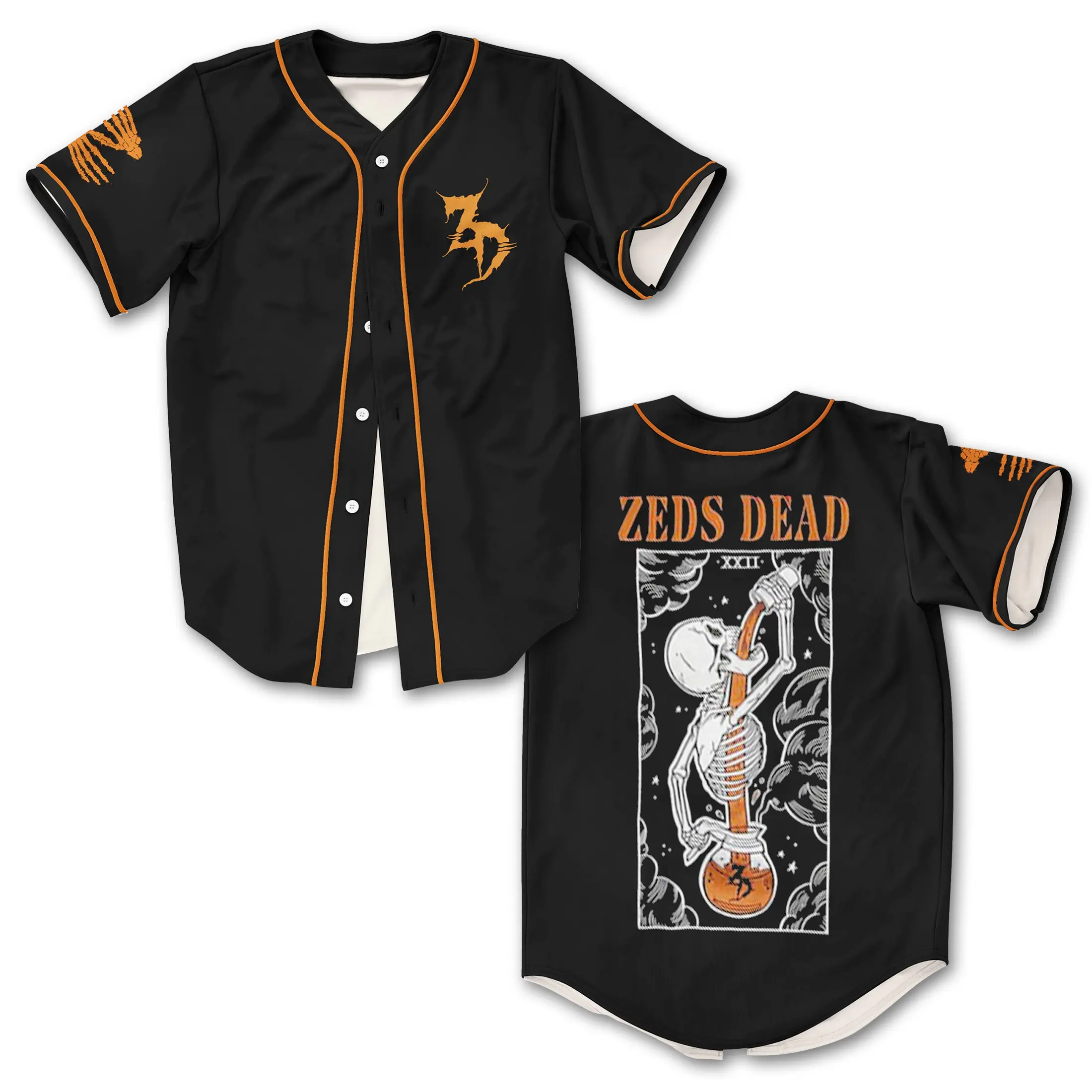 Zeds Dead Baseball Jersey, ZD Skeleton Tarot Card XXII Shirt, EDM Rave Merch, Dubstep Basshead Headbanger Fan Gift, Deadrocks Lost Lands EDC Festival Clothing, Vintage Gothic Skeleton Graphic Button Down Top, Music Lover Unisex Festival Apparel