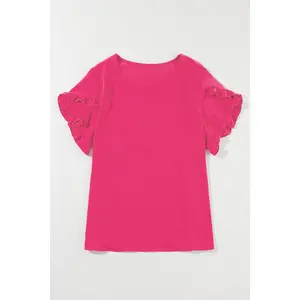 Bright Pink Ruffled Short Sleeve Plus Size Top