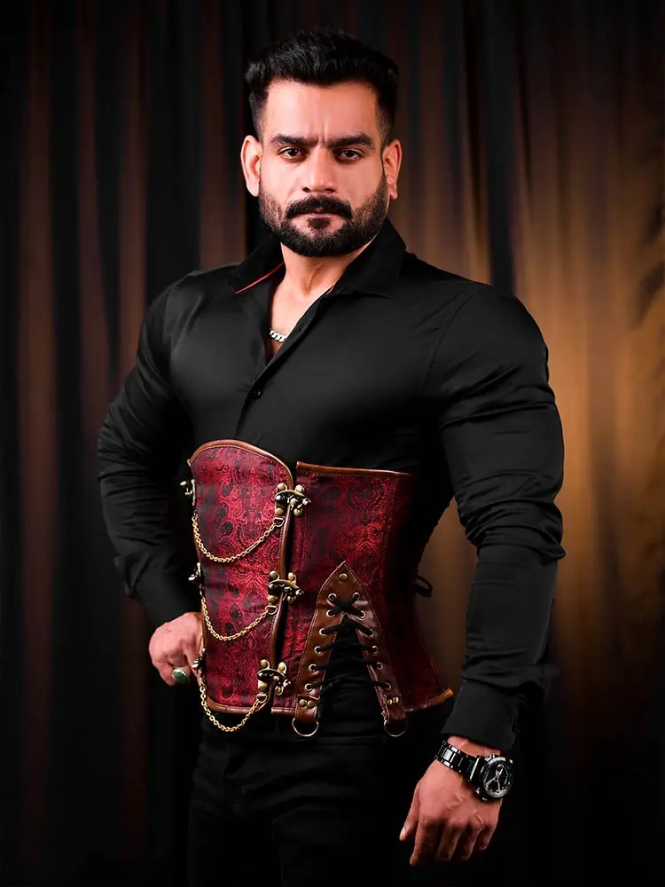 Red Brocade Men Corset - Fashion Corset for Men