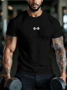 Men's Fitness T-Shirt, Minimalist Dumbbell Print, Summer Stretch Breathable Fitted Training Top, Short Sleeve Workout Shirt