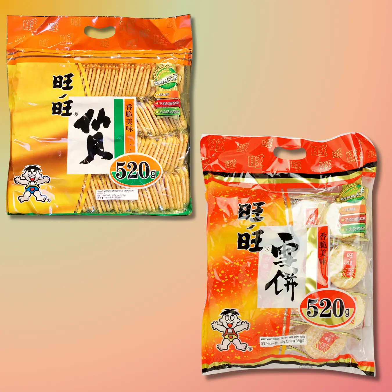 WANT-WANT Senbei Rice Crackers, 520g Chinese Snack, 2 Flavors, Individually Wrapped, Contains TBHQ, Room-Temperature Shelf-Stable Crisps & Puffed Snacks