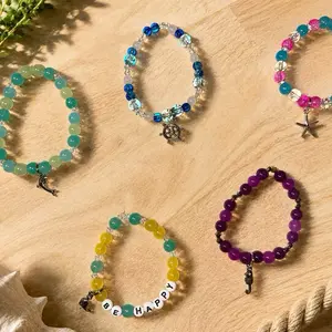 Ocean Silver Charm Bracelets on Elastic - Adjustable Fit with Unique Charms and Beads for Everyday Wear