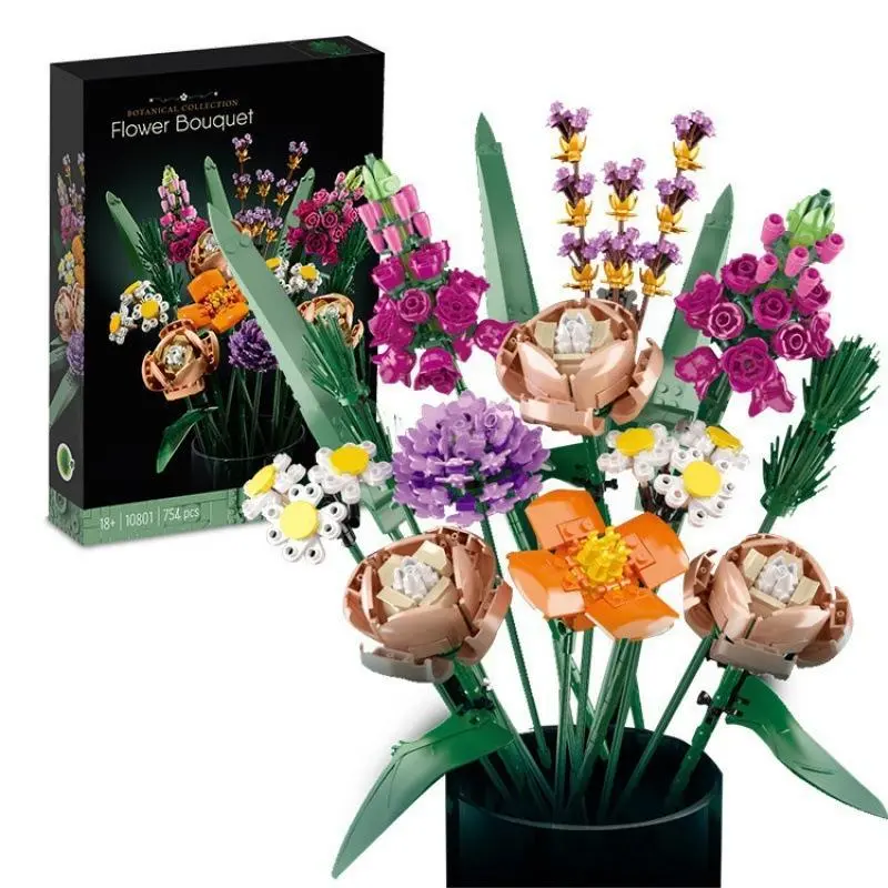 Romantic orchid Rose Flower Bouquet Building Blocks Creative Home Desk Plant Decoration Assemble Bricks Toys Gifts For Girls  ﻿