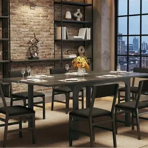 7-Piece Dining Table Set for 4-6, Extendable Kitchen Table Cushion Chairs Set of 6 with 6 Chairs, Rectangle Dining Table with Metal Frame & MDF Board, Folding for Small Apartment Saving Space,Grey Oak