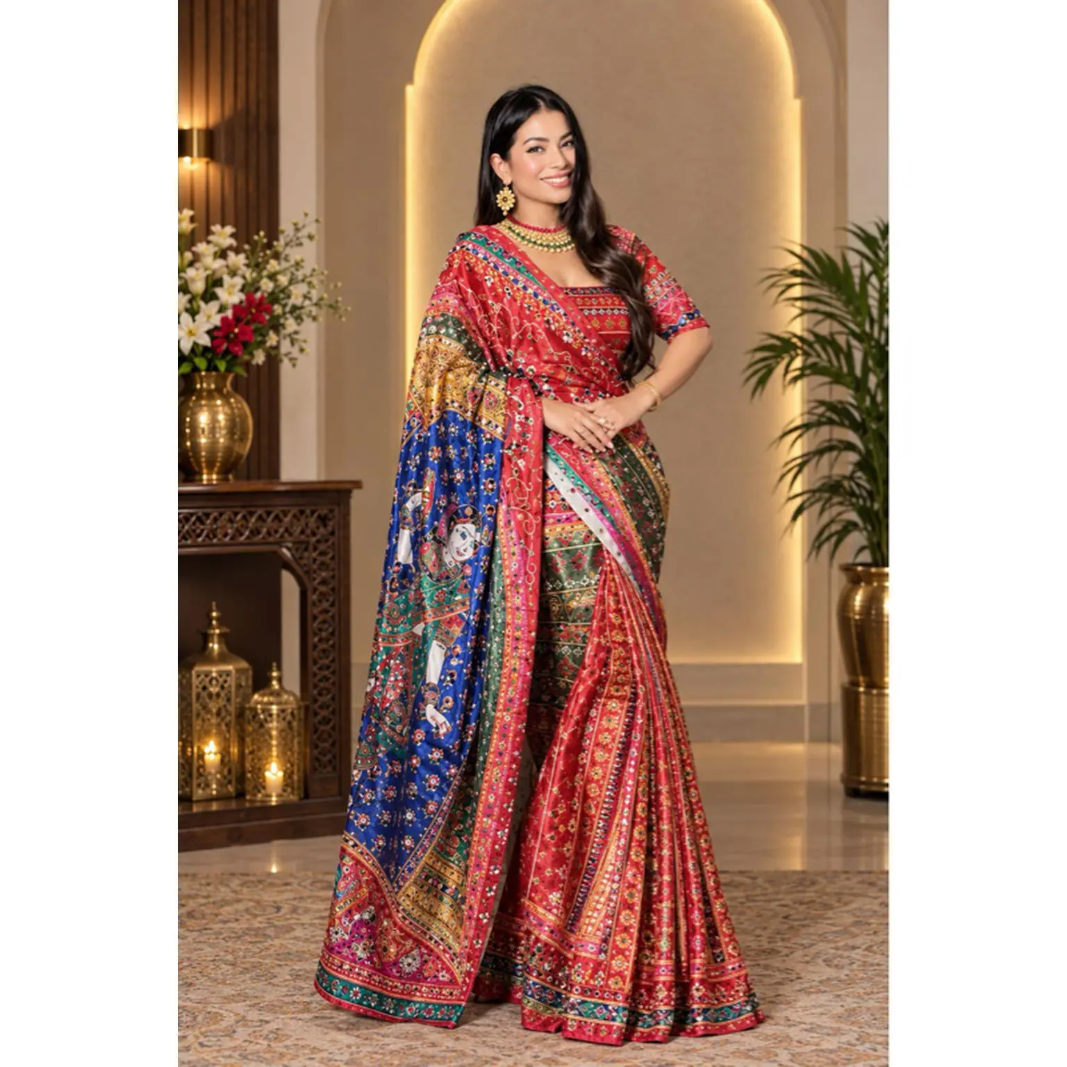 Premium high-quality RASHMIKA MANDANNA SAREE Real Mirror Handwork Multicolor Saree with with blouse full stage sari picko foll done fabric, pure Japanese grape silk. Color one multicolor.