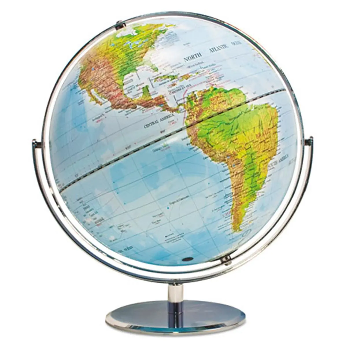 Advantus Corporation 12 in Diameter Rotating Geographical World Globe - Blue Oceans, Meridian, Bright Contrasting Colors, Steel Base, Desktop Educational Office Stationery
