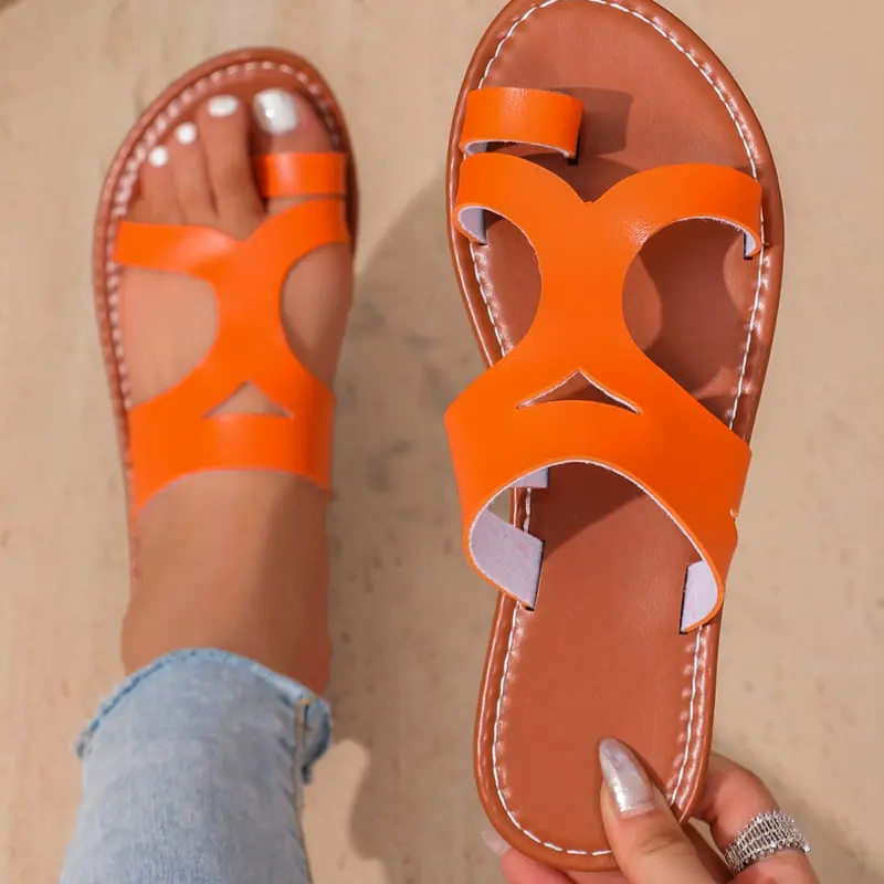 Women's Fashion Beach Sandals, Casual Outdoor Flat Slip-Ons, Summer Shoes, Solid Color Versatile Rubber Sole PU Leather Sandals, Open Toe Sandals, Fashionable Casual Sandals