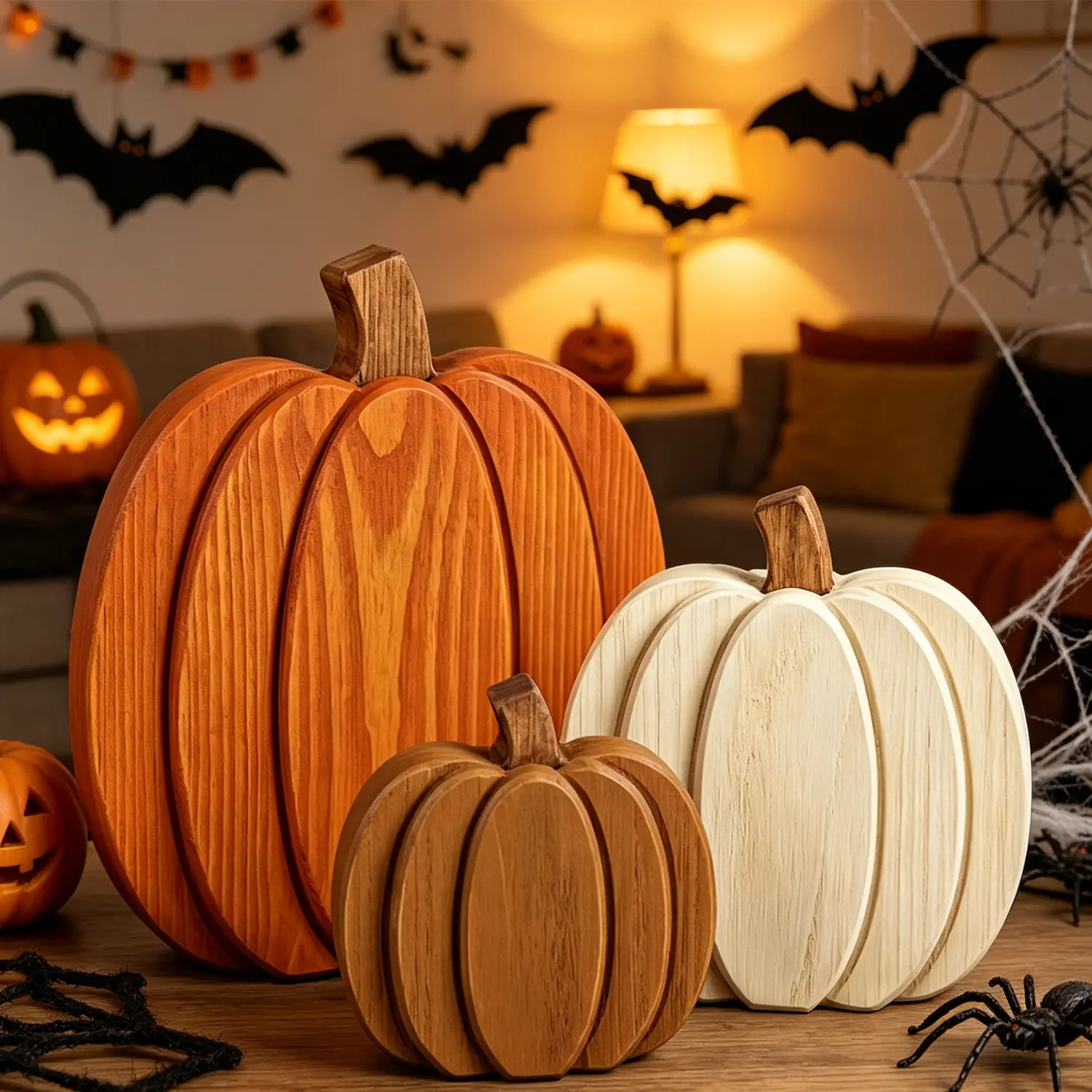Rustic wood autumn pumpkin decor set — farmhouse tabletop ornament for Thanksgiving, harvest table centerpiece, layered tray artificial wood pumpkins, bookshelf display, entryway decoration, kitchen décor — seasonal home accessories
