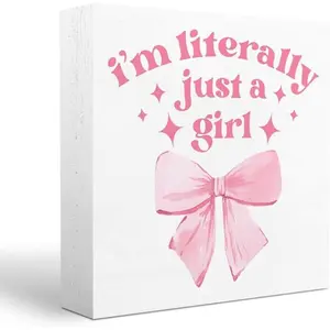 Pink Bow Decor, I'm Literally Just A Girl Sign, Preppy Coquette Gifts Pink Girl Room Decor Bow Sign Wooden Box Sign Plaque Table Decorations for Home Farmhouse Bedroom Dormitory Dressing Table 5x5 inch Home Decor Products