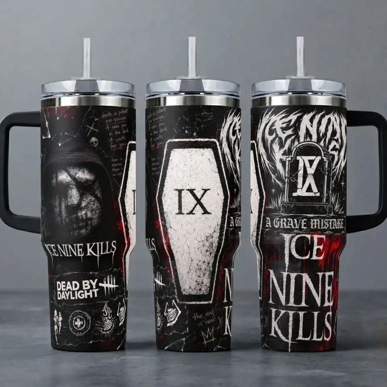 Ice Nine Kills Tumbler, 20oz & 40oz Insulated Travel Mug with Handle & Straw. Dead by Daylight Horror Metal Band Art Cup, Heavy Metal Music Fan Merchandise, Perfect Gift for Music Lovers