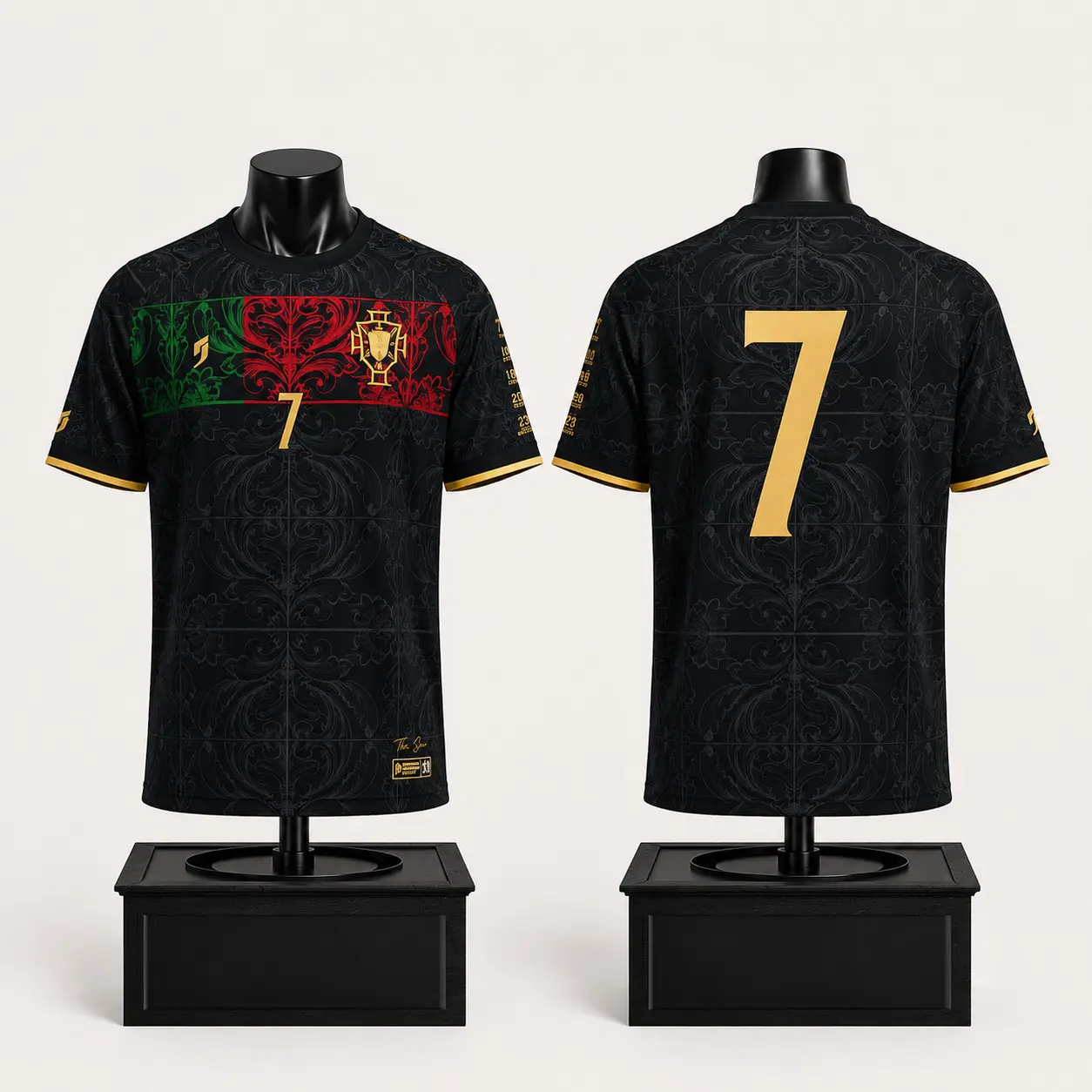 Men’s Black Crew Neck Soccer Jersey Shirt, Gold Number 7 Vintage Pattern Top