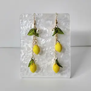 #180 Lemon Tassel with White Flower & Green Leaves Earrings, Casual, Everyday Summer Fruit Food Jewelry