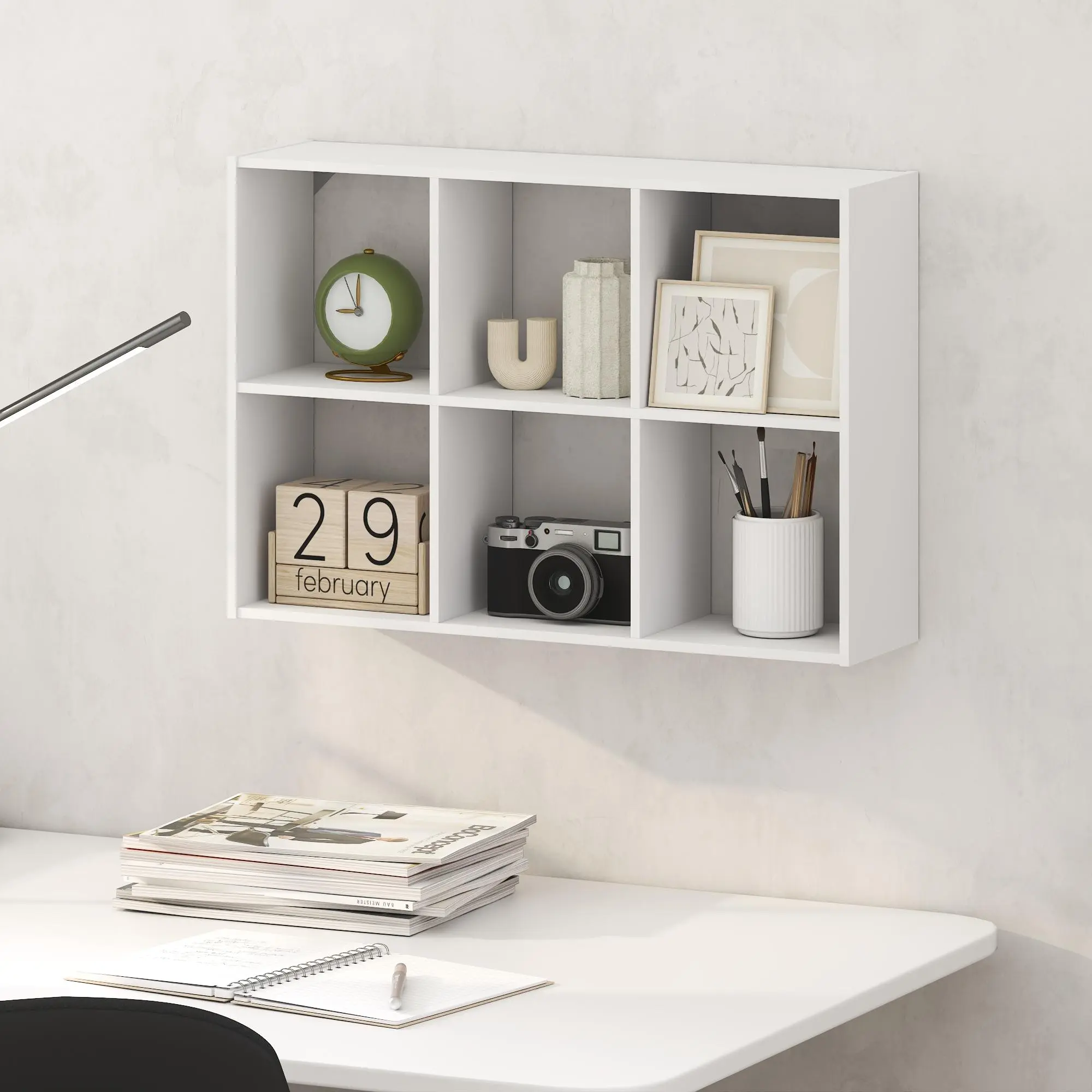 ROSSI 6-Cube Floating Shelves for Wall, Wall Mount Organizer, Desktop Organizer, Bookshelf, for Home Office, Study Room, White, Space-Saving Wall Storage and Home Decor for Small Spaces and Apartment Living