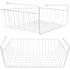 2 Pack White Under Shelf Wire Basket Hanging Storage Baskets, Under Cabinet Add-on Storage Racks Slide-in Baskets Organizer for Kitchen Pantry Desk Bookshelf