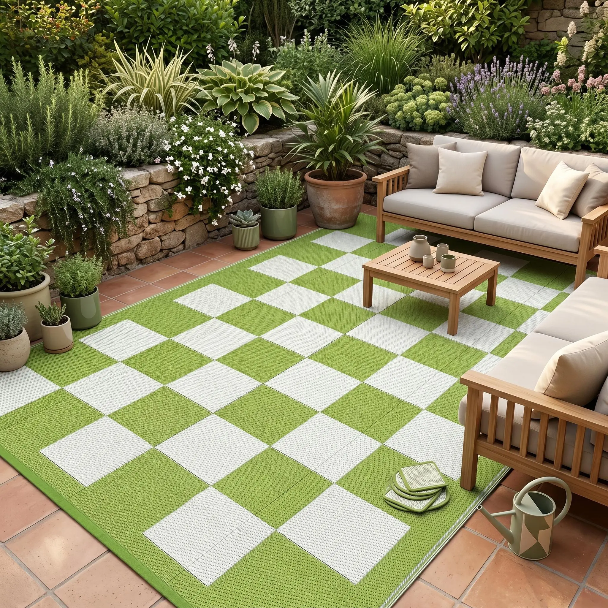 Geometric Checkered Plastic Straw Outdoor Rug - Waterproof, UV-Resistant, Foldable, Portable Mat for Patio, Beach, RV