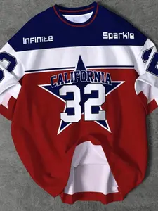 California 32 Basketball Jersey Men's Breathable Sports Short Sleeve Shirt, Blue Color Block Design, Graphic Print Team Uniform