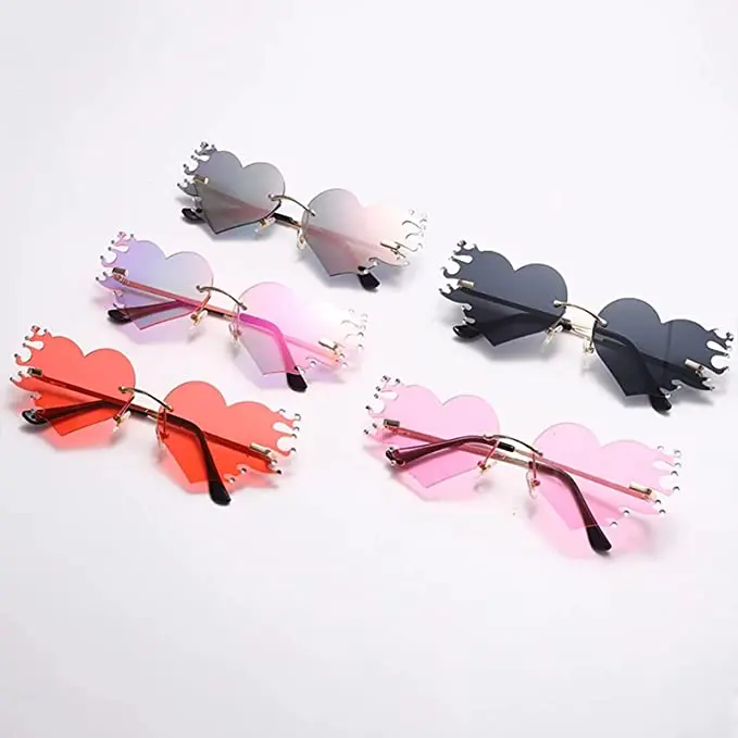 Flame Heart Sunglasses Rimless Glasses Womens, Summer Lover, Stylish, Cute, Fashion Statement, Festival