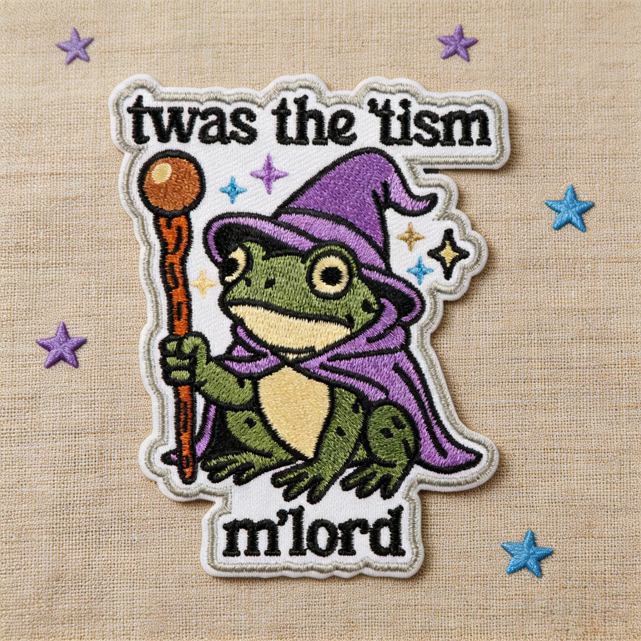 Twas the Tism M'lord Wizard Frog Embroidery Patch, Mental Health Theme Iron-On Fabric Patch Applique Patches, for Clothes Jacket Hat Accessories