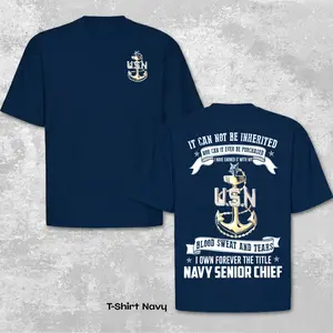 U.S. Navy Senior Chief T-Shirt USN Gold Anchor Graphic Tee, Blood Sweat and Tears Earned Title Shirt, United States Military Veteran Apparel, Premium Cotton Black Top, Naval Senior Non-Commissioned Officer Gift, American Pride