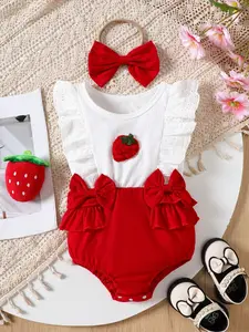 Cute Strawberry Baby Girl Outfit with Matching Headband | 2-Piece Ruffle Sleeve Romper Set | Soft Breathable Jumpsuit | Perfect 1st Birthday Gift