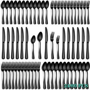 24/60pcs Silvery/Black Stainless Steel Tableware Suitable for 4/12 People to Use, Steak Knife, Salad Fork, Dessert Spoons, Cutlery Set with Gift Box, Kitchen Additions, Home Outdoor, Wedding Camping Stuff, Christmas Party Gift, Dishwasher Safe