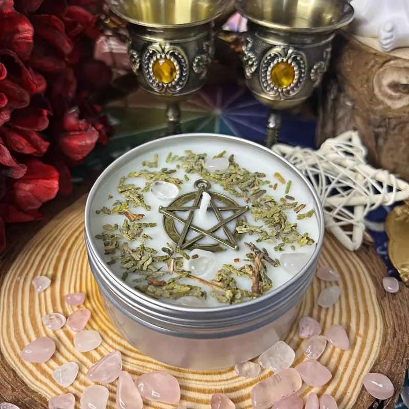 Pentagram metal tin soy scented candle, sage cedar sacred wood blended aromatic candle, burns cleanly, indoor ambiance decorative candle, creative souvenir gift for holiday parties, suitable for Christmas and Halloween