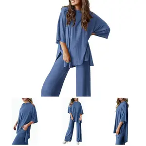 Women’s two-piece short-sleeve pullover with split-leg wide-leg pants, casual set, comfortable pajamas, soft women’s casual pajama set GARMENTARY
