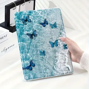 Blue dreamy wave butterfly pattern, with adjustable bracket and pen slot, foldable non-slip TPU protective case, suitable for iPad mini, iPad Air, iPad Pro/iPad 10th generation, 11th generation and other series iPad protective cases