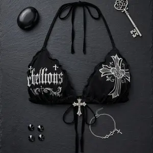 Y2K Sexy Gothic Cross Print Rhinestone Decor Halter Top