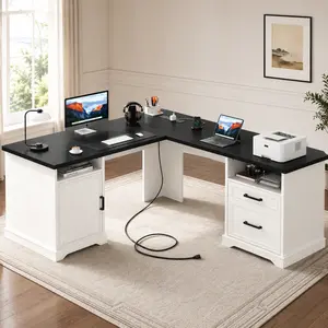 Homieasy L Shaped Desk with File Drawers, 60" Corner Computer Desk with Power Outlets, Home Office Desk with Storage Cabinet, Farmhouse Work Table for Home Office Furniture