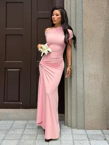 Women's Twist Ruched Split Thigh Bodycon Dress, Elegant Chic Asymmetrical Neck Drop Shoulder Long Dress for Evening Party, Ladies Clothes for All Seasons