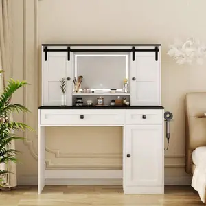 Bellemave Farmhouse Dressing Table Makeup Table, 43" Wide Dressing Table with Lighted Mirror and Makeup Drawer, Large Modern Dressing Table Set with Hair Dryer Holder for Bedroom, White